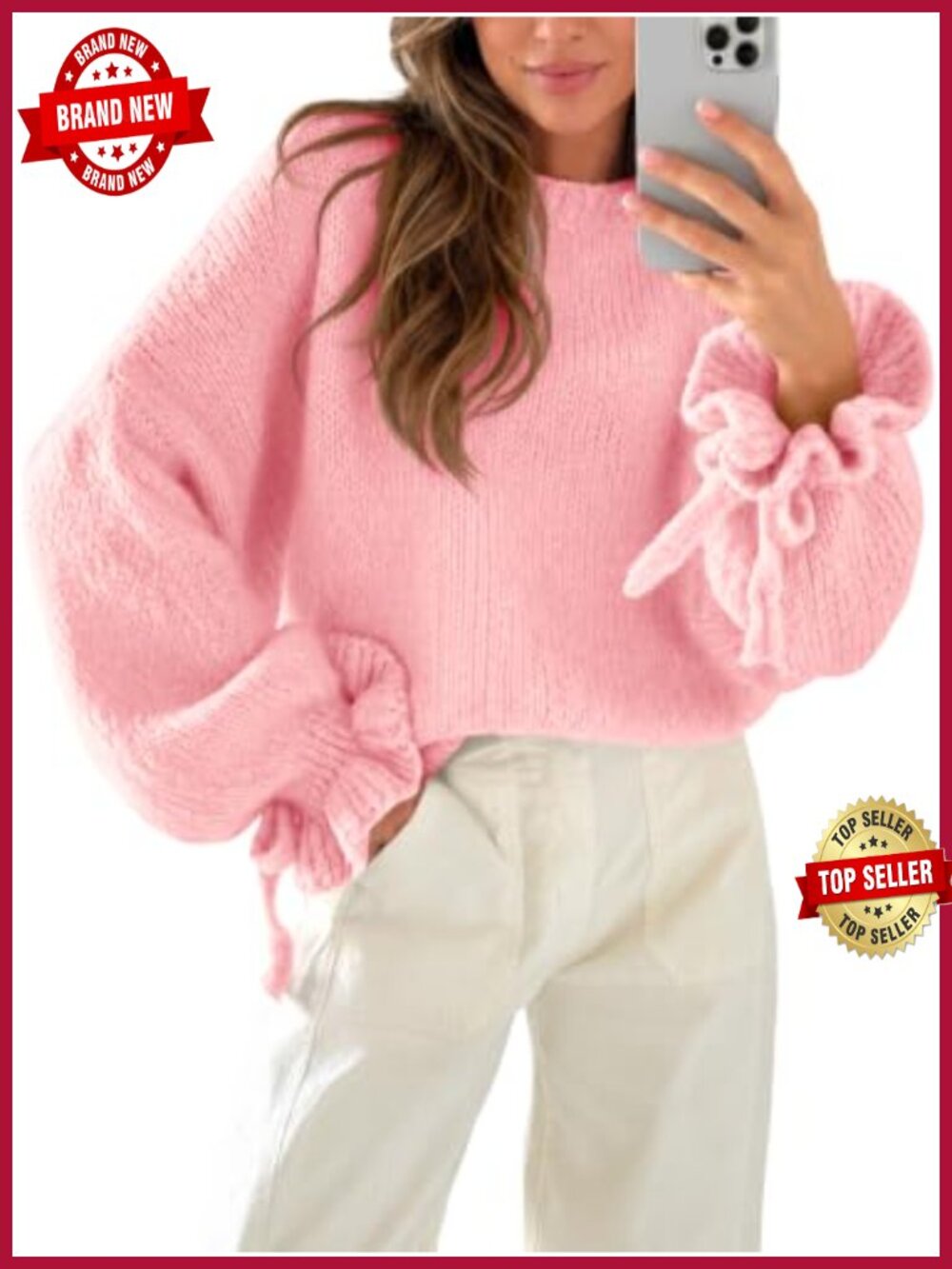 Oversized Chunky Knit Ruffle Sleeve Sweater Crew Neck Pullover Tie Cuffs